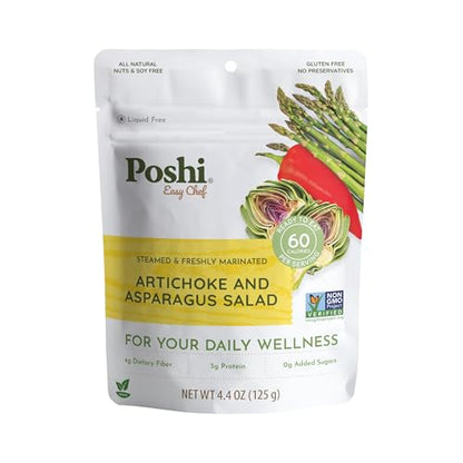 POSHI Artichoke & Asparagus Salad Natural, Keto, Vegan, Non GMO, Low Carb + Calorie, Gluten Free, Ready to Eat, Fully Cooked Vegetables, Pentry Food, Gourmet, Healthy, Travel Food, 6 Pack, 4.4 oz - size: 4.4 Ounce (Pack of 6)