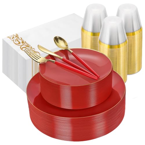 Bestluck 350 Pcs Red Gold Plastic Plates,Disposable Dinnerware Set - color: Red, size: 50 Guests
