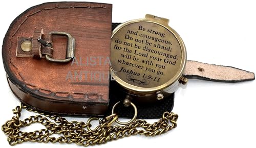 “Be Strong and Courageous” Joshua 1:9' Vintage Brass Compass with Leather Case | Timeless Pocket Compass for Men and Women | Outdoor Travel and Inspirational Quote | Religious Gift | Baptism Gift