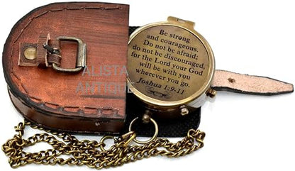“Be Strong and Courageous” Joshua 1:9' Vintage Brass Compass with Leather Case | Timeless Pocket Compass for Men and Women | Outdoor Travel and Inspirational Quote | Religious Gift | Baptism Gift