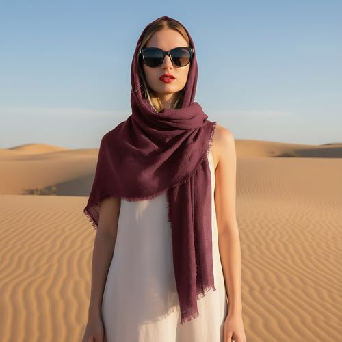 Nydotd Women Summer Cotton Linen Scarf Crinkle Long Beach Shawl Wrap hijab with Fringe - color: Deep Burgundy