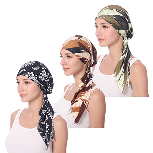 3 Packed Women's Pre Tied Head Scarves Slip On Chemo Beanies Hair Cover Headwrap Caps - color: A2-long Strap-3 Packed