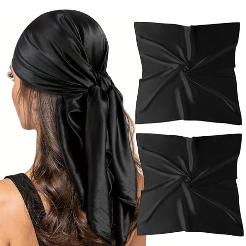 vimate 35" Square Silk Like Head Scarf - Women's Fashion Satin Scarf Bandana for Hair Wrapping at Night. - color: J2#. 2 Pack - Black