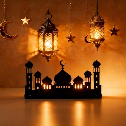 Wooden Ramadan Decorations for Home, Mosque Candle Holder with 2 Glass Tealight Votive Holders, Eid Mubarak Table Decor Centerpiece, Islamic Gifts for Ramadan Kareem, Muslim Home Decor