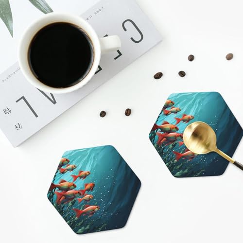 Drink Coasters Set of 4 Leather Coasters for Drinks Fish Aquarium Round Cup Mat Pad Easy Clean Bar Coasters Heat Resistant Funny Cup Coasters for Tabletop Protection,4 Inches - color: Hexagon