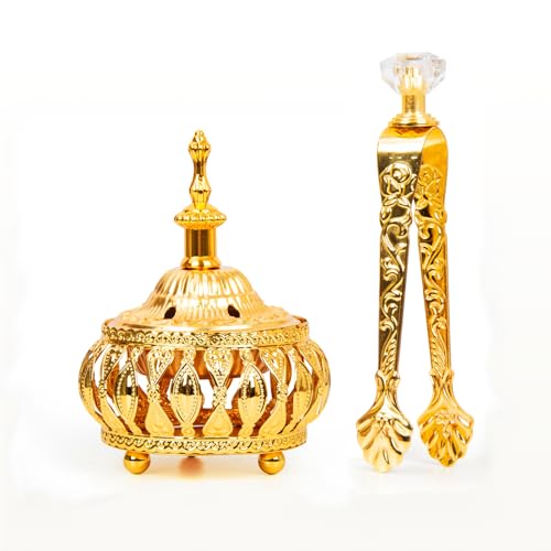 Golden Incense Holder, Frankincense Charcoal Incense Resin Stand, Bakhoor Incense Burner, Ideal for Aromatherapy Yoga Spa, Arabian Vintage Home Christian Church Censer (Golden) - color: Golden