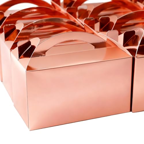 30-Pack Rose Gold Gable Treat Boxes with Handles, 6" Pop-Up Party Favor Gift Boxes for Birthday, Wedding, Baby Shower, Eco-Friendly Candy, Cookie, Goodie Bags for Kids, Bachelorette Decor