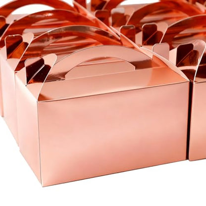 30-Pack Rose Gold Gable Treat Boxes with Handles, 6" Pop-Up Party Favor Gift Boxes for Birthday, Wedding, Baby Shower, Eco-Friendly Candy, Cookie, Goodie Bags for Kids, Bachelorette Decor