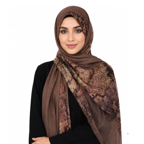 Chiffon Rhinestone Muslim Headscarf - color: Dark Brown Floral Pattern 