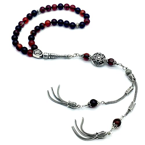 Design - New Long & Stylist Tassels Worry Beads - Prayer Beads (8 mm-33 Beads) Tesbih-Tasbih-Tasbeeh-Misbaha-Subha-Sebha-Sibha-Rosary (Miracle Agate - Twin Tassel) - color: Miracle Agate - Twin Tassel