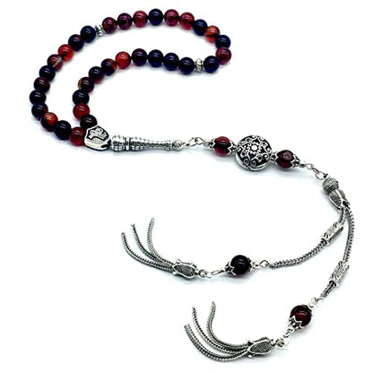 Design - New Long & Stylist Tassels Worry Beads - Prayer Beads (8 mm-33 Beads) Tesbih-Tasbih-Tasbeeh-Misbaha-Subha-Sebha-Sibha-Rosary (Miracle Agate - Twin Tassel) - color: Miracle Agate - Twin Tassel