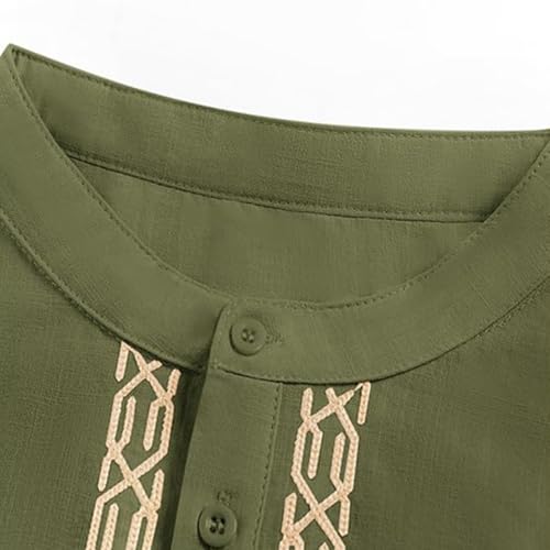 Mens Kaftan Thobe Side Split Linen Caftan Long Sleeve Button Down Henley Shirt Muslim Gown Casual Robe Kurta Tops - color: Green, size: Large
