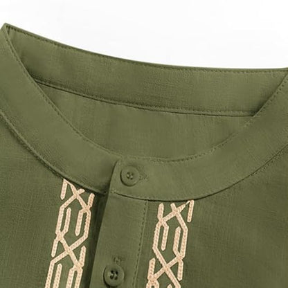 Mens Kaftan Thobe Side Split Linen Caftan Long Sleeve Button Down Henley Shirt Muslim Gown Casual Robe Kurta Tops - color: Green, size: Large