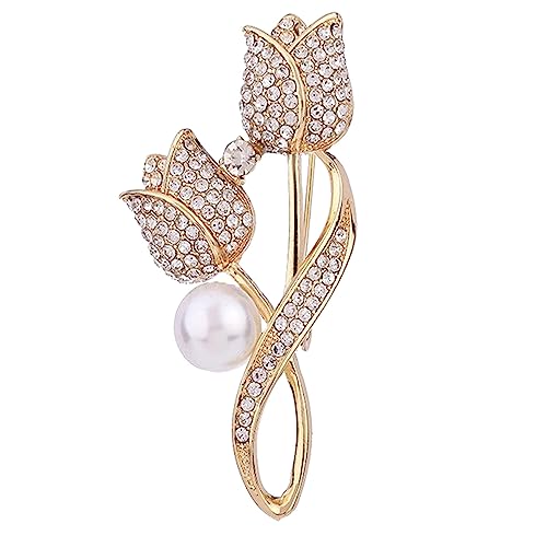 Crystal Pearl Flower Brooches Pins Fashion Beautiful Created Rhinestone Floral Brooch Good Idea for Party Dance Wedding Banquet for Elegant Women Girl - color: Gold Tulip