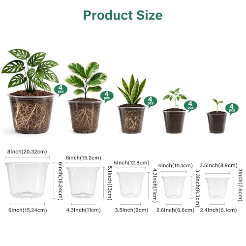 Bluepro Clear Nursery Pots with Drainage, 3.5/4/5/6/8 Inch, 20-Pack | Clear PET, 4 Each of Five Sizes, Root and Moisture Visibility, Flexible, Reusable, Seed Starting Through Repotting - size: 3.5/4/5/6/8 Inch-20Pcs