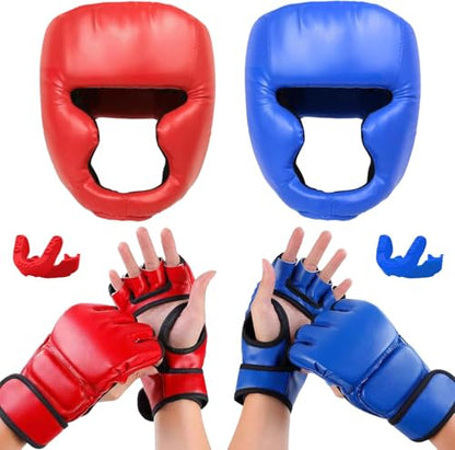 14 Pcs Boxing Set Boxing Equipment Set for Beginners Including 2 Pair of 6 oz Boxing Gloves Headgear Helmet Hand Wraps Mouth Guards Gifts Training Equipment - color: Red & Blue-MMA