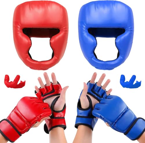 14 Pcs Boxing Set Boxing Equipment Set for Beginners Including 2 Pair of 6 oz Boxing Gloves Headgear Helmet Hand Wraps Mouth Guards Gifts Training Equipment - color: Red & Blue-MMA