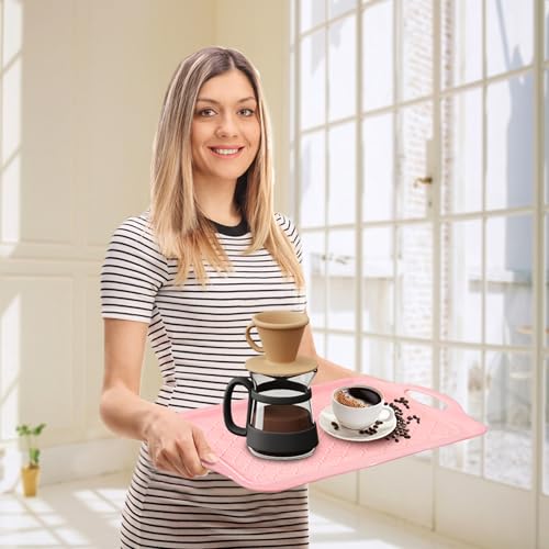 LEHAHA Large Non Slip Serving Tray with Handles, 17.25 x 12 Inch Melamine Serving Platter with Curved Sides, Dinner Tray for Lunch, Coffee, or Breakfast, 4pcs Set, Silicone placemats Included,Pink - color: Pink