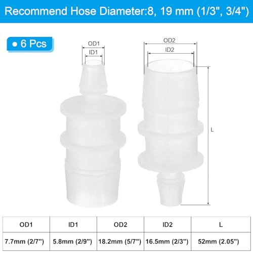 PATIKIL 1/3" to 3/4" 6 Pcs Plastic Hose Barb Fittings, Reducer Tube Fittings Pipe Adapter Union Splicer Joint Kit for Air Gas Water System Liquid Fuel Line Aquarium Tube Pump - size: 1/3"-3/4",(0.93"x2.05")