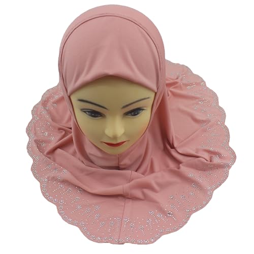 Girls Hijab with Rhinestones – Sparkly Non-Slip Amira Scarf for Kids, for Daily Prayer, School, Ramadan & Eid (Ages 4-12) - color: Dark Pink-wavy Edge