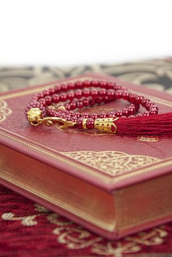 ihvan online Prayer Gift Set for Hajj and Umrah, Muslim Prayer Rug, Prayer Mat, Beads Taasbih, Holy Quran Translated English, Muslim Praying Mat, Islamic Gift Set for Ramadan & Eid, Red - color: Red English