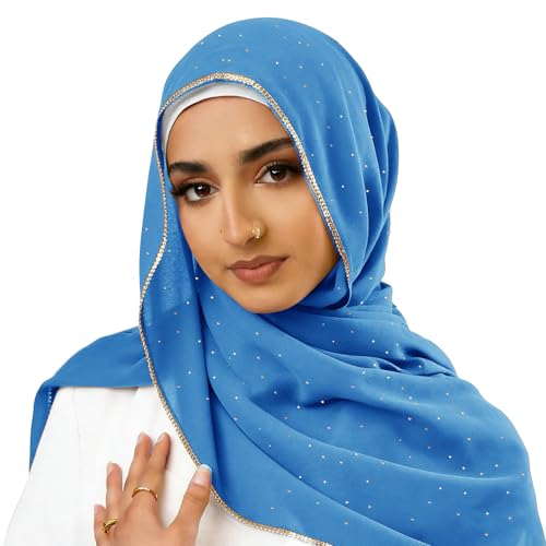 Hijab Scarf for Women Soft Chiffon Rhinestone Long Scarf Shawl Fashion Muslim Hijab Head Wrap Scarves - color: Sky Blue