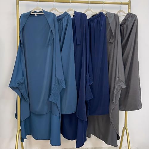 Muslim Women Abaya Two Pieces Set Prayer Dress Elasticated Sleeves Islamic Robe Modest Full Cover Prayer Clothes - color: Navy Blue