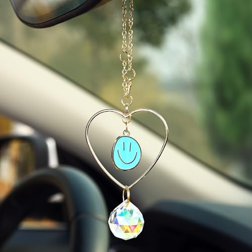 Car Rear View Mirror Accessories, Blue Smiling Face Hanging Ornament Rearview Decor Charm Handmade Beaded Crystal Heart Swinging Interior Decor for Women Men - color: Blue Smiling Face