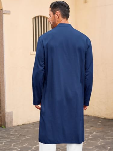 Runcati Mens Kaftan Thobe Button Down Long Sleeve Robe Casual Henley Shirt Cotton Muslim Gown Kurta Tops - color: Navy, size: XX-Large