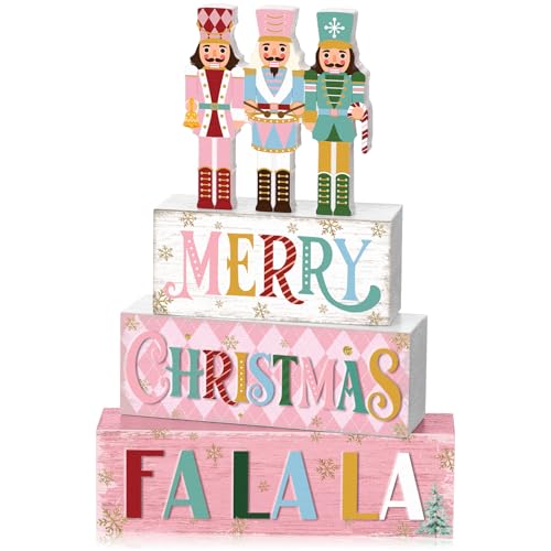 Yousoontic 4 Pcs Pastel Nutcracker Christmas Wooden Table Decorations Fa La La Pink Rustic Block Signs Centerpiece Tiered Tray Xmas Wood Farmhouse Tabletop Decor Gift for Entryway Home Desk Room - style: Nutcracker