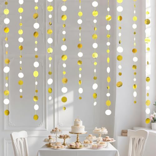 Glitter White and Gold Circle Dots Paper Garland White Gold Circle Dot Streamer 40 Feet Polka Dot Hanging Bunting Banner Backdrop for Birthday Wedding Baby Shower Graduation Party Decorations - color: White Gold