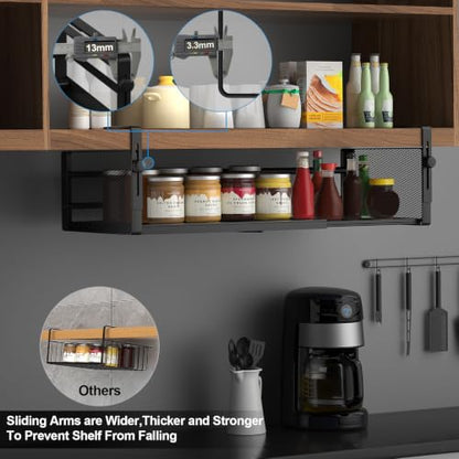 2Pack Under Shelf Basket, Adjustable Hanging Under Cabinet Shelf Storage, Hanging Holder Length Stretchable 14.9-22.6Inch for Kitchen Pantry Desk Counter Bookshelf Cupboard (Black)