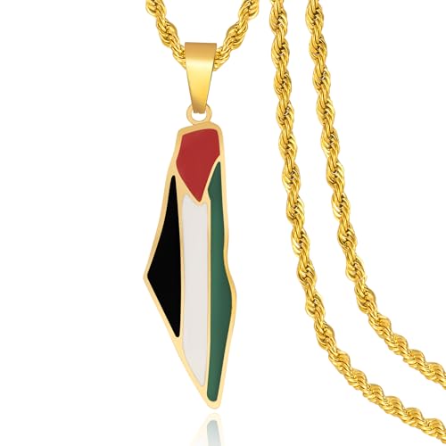 Palestine Map Pendant Necklace, Stainless Steel Chain, Multicolor，Peace Pendant - color: Gold