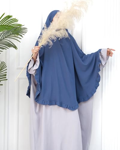 Muslim Prayer Hijab Solid Color Ruffled Head Scarf Women Islamic Head Cover Khimar - color: Foggy Blue