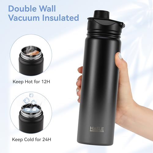 HASLE OUTFITTERS Insulated Water Bottle 22 oz Double Wall Stainless Steel Water Bottle Wide Mouth with Straw Lid & Spout Lid Keeps Cold or Hot(Black Gray Gradient,1) - color: Black Gray Gradient, size: 22 Ounces