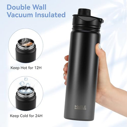 HASLE OUTFITTERS Insulated Water Bottle 22 oz Double Wall Stainless Steel Water Bottle Wide Mouth with Straw Lid & Spout Lid Keeps Cold or Hot(Black Gray Gradient,1) - color: Black Gray Gradient, size: 22 Ounces