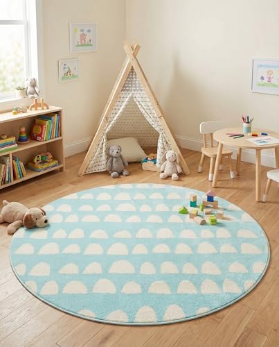 Rugs.com Whimsy Kids Collection Rug – 5 Ft Round Clear Blue Medium-Pile Rug Perfect for Kitchens, Dining Rooms - color: Clear Blue, size: 5' Round