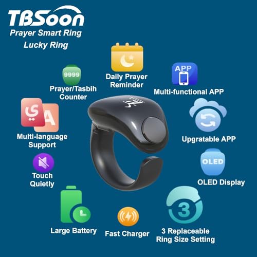 Fashion Tasbih 스마트 링, Tasbeeh 카운터, 기도 방향 표시기 가이드, 5 Azan 알람 시계, 용서, 전자 묵주, Eid al-Fitr Eid al-Adha 라마단 남성 여성용 선물-블랙 사이즈 조절 가능 - style: C블랙 사이즈 조절 가능