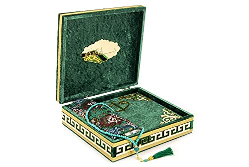 ihvan online Luxury Islamic Prayer Velvet Covered Gift Box, Deluxe 4 Piece Set with Elegant Velvet Covered Quran & Prayer Beads Tesbih & Prayer Rug, Ramadan & Eid Gift, Green - color: Green