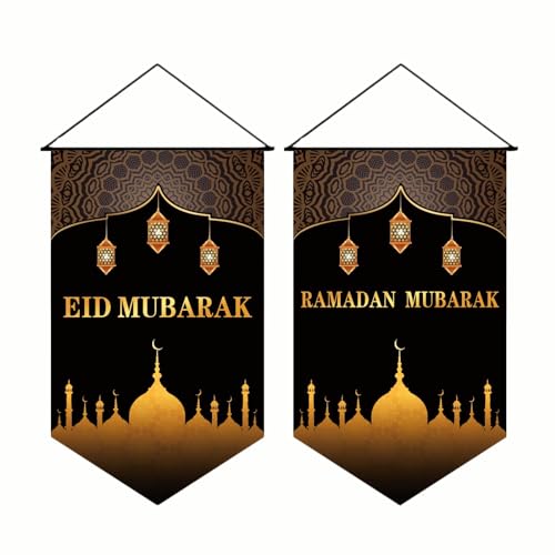 KYMY 2pcs Ramadan Eid Mubarak Hanging Canvas Signs with 20"X11.8", Ramadan Eid Mubarak Hanging Door Signs, Muslim Arabic Wall Canvas Banners for Ramadan Eid Mubarak Hajj Party Decorations