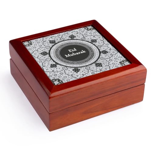 3dRose Eid Mubarak - Grey Blessed Happy Eid Greeting - Islam Muslim holiday Jewelry Box 7 x 7 inch with 4 inch tile