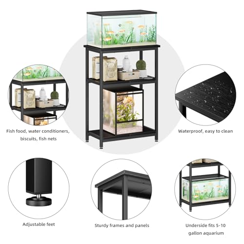 APPOLYN 5-10 Gallon Fish Tank Stand, Metal Aquarium Stand with Storage, 3-Tier Shelf Tank Stand, 10 Gallon Fish Tank Stand with 20.5" L x 11.4" W Tabletop, Black