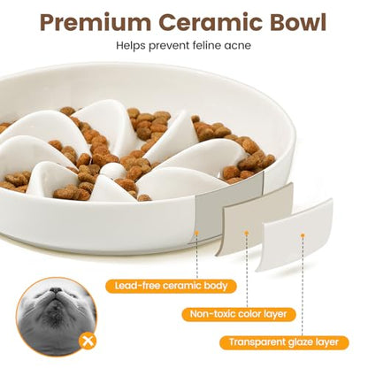PETTOM Slow Feeder Cat Bowl with Stand, Ceramic Slow Eating Cat Bowl with Higher Edges, Elevated Cats Food Bowls for Dry and Wet Food Anti-Vomiting Puzzle Feeder for Healthy Eating Diet - color: Milky White