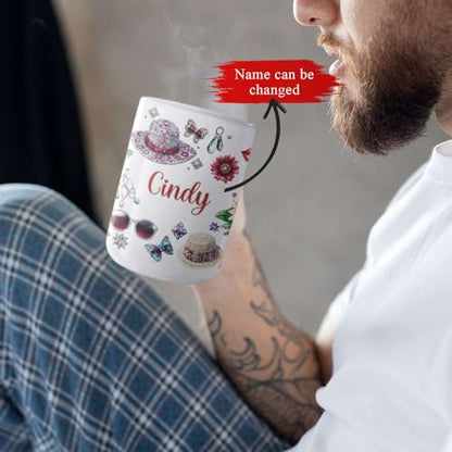 Customized Name White Coffee Mug, Personalized Women's Day Ceramic Cup, Sparkling Hat With Sunflowers And Butterflies Mug, Custom Full Wrap Mug 11oz 15oz, Gift For Women On Holiday - color: XUA-1124-3662-Women's Day Mug