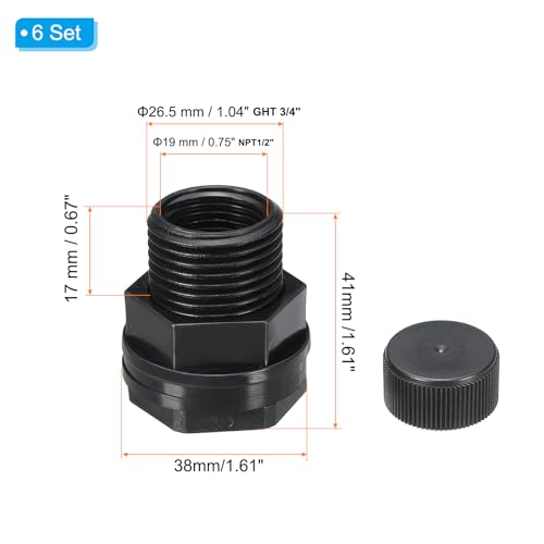 PATIKIL PVC Bulkhead Fitting with Cap NPT1/2" Female x GHT 3/4" Male, 6 Pack Double Threaded Bulkhead Water Tank Connector with Seal Gasket for Rain Bucket Sinks Aquariums, Black