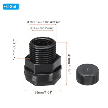 PATIKIL PVC Bulkhead Fitting with Cap NPT1/2" Female x GHT 3/4" Male, 6 Pack Double Threaded Bulkhead Water Tank Connector with Seal Gasket for Rain Bucket Sinks Aquariums, Black