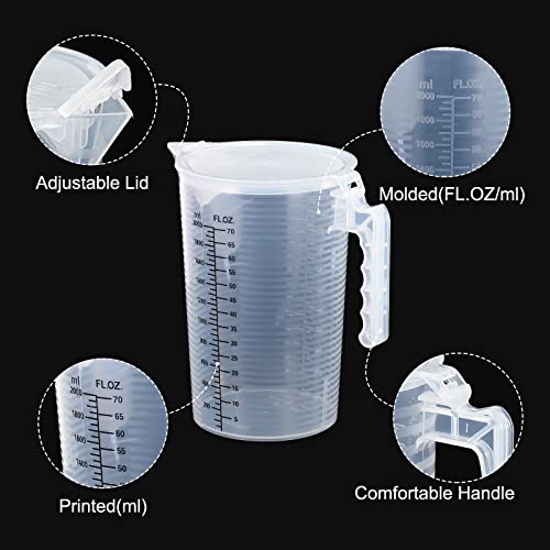 PATIKIL Graduated Beaker, 2 Pack 2000ml PP Plastic Liquid Measuring Cup Double Sided Black Graduations with Handle Lid and Spout for Lab Kitchen Home - size: 2000ml