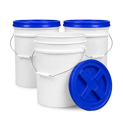 5 Gallon Bucket - Food Grade w/Lid BPA-Free, White/Blue, 3 | Airtight Gamma Seal Screw-On Lid, Heavy-Duty 90 Mil HDPE Plastic, Food Safe and Durable Container, Bulk Storage, Made in USA - color: White/Blue, size: 3 Packs