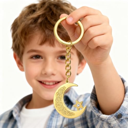 Islamic Ayatul Kursi Keychain Muslim Crescent Moon and Star Keyring Arabic Calligraphy Keyring Allah Amulet Jewelry - color: Gold
