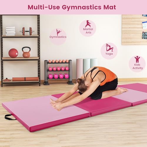 Goplus Folding Gymnastics Mat, 10’ x 4’ x 2’’ Thick Tumbling Mats with PU Leather, Hook & Loop Fasteners, Portable Handles, 4-Panel Exercise Mat for Home Gym Workouts, Yoga - color: Rose+Pink